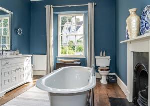 a blue bathroom with a tub and a toilet at Ferienhaus für 10 Personen in Torquay, England Südküste von England in Torquay