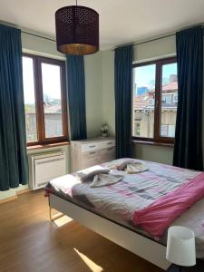 a bedroom with a bed and two windows at Rio Sunny 2BDR Apt near NDK - Metro - non-stop paid public Parking in Sofia