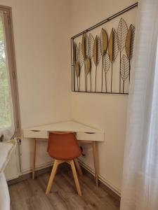 einen Schreibtisch mit Stuhl in einem Zimmer in der Unterkunft Gîte du Grand frêne in Orrouy
