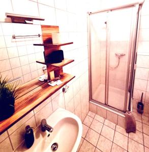 a bathroom with a sink and a shower at Jägerhof Putzkau in Putzkau