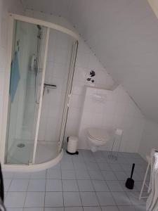 a white bathroom with a shower and a toilet at Gite L'Ecureuil - Appartement 4 personnes à Wépion (Namur) in Namur