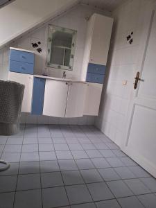 a bathroom with blue and white cabinets and a mirror at Gite L'Ecureuil - Appartement 4 personnes à Wépion (Namur) in Namur