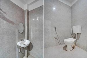 two pictures of a bathroom with a toilet and a sink at New divine inn in Kakarmatha