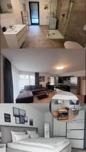 2 fotos de una sala de estar y un dormitorio en NewAge Boardinghaus P5, en Heilbronn