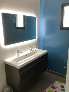 a bathroom with a white sink and a mirror at Privatisation maison 3 chambres 8 personnes proche circuit des 24h in Moncé-en-Belin