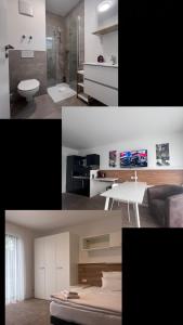 een collage van foto's van een badkamer en een woonkamer bij NewAge Boardinghaus P5 in Heilbronn