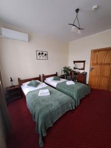 - une chambre avec 2 lits et des couettes vertes dans l'établissement Hotel Aslan, à Tarnowskie Góry
