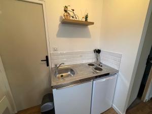 a small kitchen with a sink and a shelf at Appartement Moderne in La Roche-sur-Yon