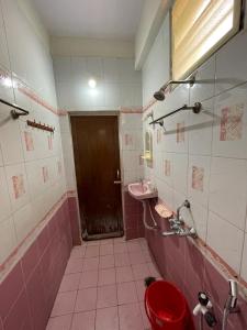 a pink bathroom with a toilet and a sink at 5 Fully Furnished 2 BHK Flats in MVP Colony, Vizag in Visakhapatnam