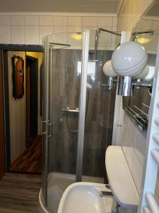 a bathroom with a shower and a toilet and a sink at Apartment Bakenweg für maximal 4 Personen in Norden
