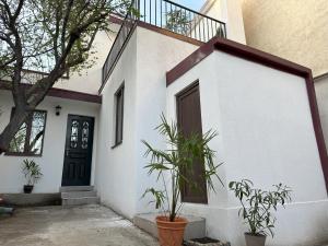 una casa blanca con una puerta negra y plantas en Three Palms House, en Tiflis