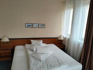 阿列謝尼鄉的住宿－Pensiunea Cabana Art，一间卧室配有带白色床单和枕头的床。