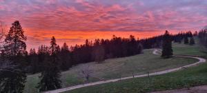 a sunset on a hill with a dirt road at Studio à la ferme in La Brévine