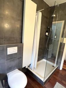 a bathroom with a toilet and a glass shower at Charmante maison dans un coin de verdure à Boitsfort in Brussels +21 photos
