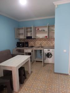 eine Küche mit einem Tisch und einer Waschmaschine in der Unterkunft Apart townhouse in Kobuleti