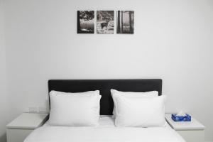 1 cama con almohadas blancas y 2 cuadros en la pared en Luxury Suite Apartment #58 By Hashdera Eilat, en Eilat