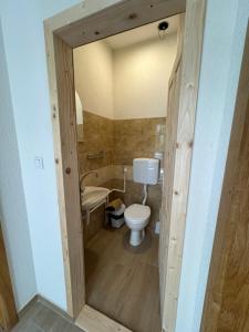 een badkamer met een toilet, een bad en een wastafel bij Vikendica Ozren in Soko Banja