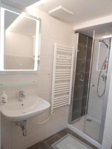 La salle de bains est pourvue d'un lavabo et d'une douche avec un miroir. dans l'établissement Appartement 2 Personen Hallein bei Salzburg, à Hallein