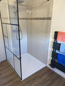 a bathroom with a shower with a glass door at Ferienhaus Käthe-Kollwitz in Eckernförde