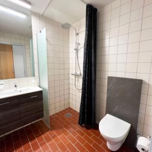 a bathroom with a toilet and a sink and a shower at Sportshotel Vejen in Vejen