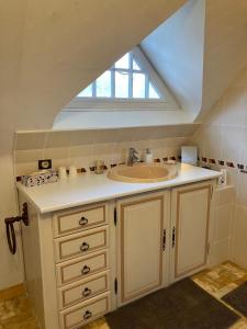 a bathroom with a sink and a window at La Noisetiere in Noyers-sur-Cher