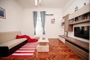 ein Wohnzimmer mit einem Sofa und einem TV in der Unterkunft Seafront Apartment Ičići in Ičići