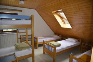 a room with three bunk beds and a ladder at PUS Bavšica in Log pod Mangartom