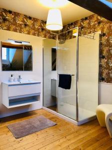 a bathroom with a glass shower and a sink at *Belle Epoque* residence between Sologne and Berry in Mennetou-sur-Cher