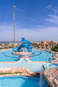 a blue water slide in a water park at Faraana Height Aqua Park in Sharm El Sheikh