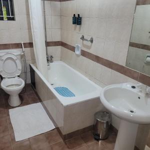 a bathroom with a tub and a toilet and a sink at MOONLIGHT HOMES EAST CHURCH ROAD Westlands in Nairobi