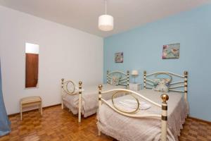 two beds in a room with blue walls at Casa Silver, Gale - Sleeps 9 close to amenities and beach! in Guia