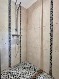 La salle de bains est pourvue d'une douche avec une porte en verre. dans l'établissement Gîte Nature en Luberon, à Céreste