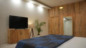 Schlafzimmer mit einem Bett und einem Flachbild-TV in der Unterkunft Art Cave Studio in Jaipur