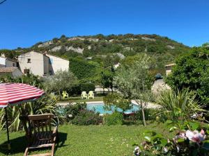 a garden with a swimming pool and a mountain at Chambres d'hôtes "LA NESQUE" in Venasque