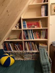 uma estante cheia de livros e uma bola de voleibol em Gwez-Roz - Villa en bois Perros-Guirec em Perros-Guirec