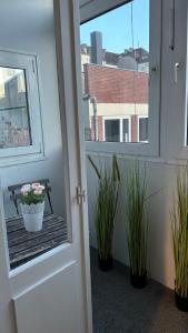 une porte menant à un balcon avec des plantes en pot dans l'établissement Nord Ost Apartment, à Kiel