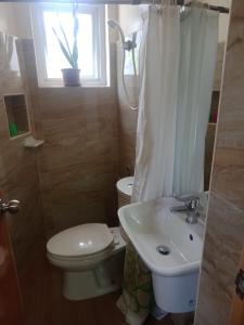 a bathroom with a toilet and a sink and a window at bucana traveler's inn in Guinisiliban