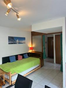 ein Schlafzimmer mit einem grünen Bett in einem Zimmer in der Unterkunft Ramuge COSY & MOUNTAINS apartments in Veysonnaz