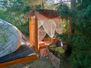 Tienda de campaña con sofá y silla en un bosque en VinSan Glamping & Wellness Centre en Eleoúsa