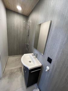 La salle de bains est pourvue d'un lavabo, d'une douche et d'un miroir. dans l'établissement Ocean Palace, à Prasonisi