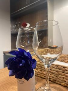 two wine glasses sitting on a table with a blue flower at Palazzo Venezian 5 in Trieste
