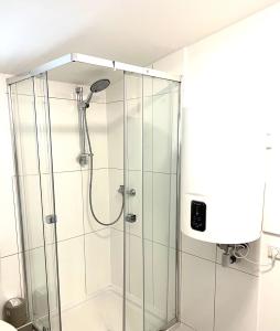 eine Dusche mit Glastür im Bad in der Unterkunft Messe 3 Minutes in Hannover