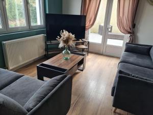 ein Wohnzimmer mit zwei Sofas und einem Couchtisch in der Unterkunft Maison rénovée 4 chambres. in Angoulême