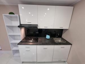 a small kitchen with white cabinets and a sink at Apartament MASHOUSE Stegna in Stegna