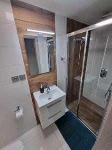 a bathroom with a sink and a shower at Apartament MASHOUSE Stegna in Stegna