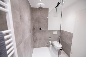 een badkamer met een douche en een toilet bij Ferienwohnung Gilla in Leopoldshöhe