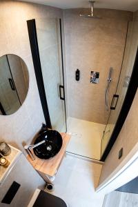 y baño con lavabo y ducha. en Angelinas Service Apartment 1, en Oberhausen