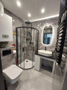 a bathroom with a shower and a toilet and a sink at Apartamenty Słoneczne Balkony in Sarbinowo