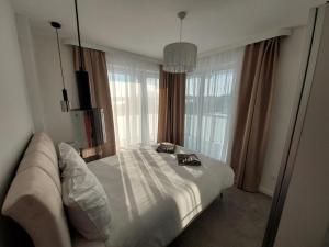 a bedroom with a large bed and a large window at Apartamenty Słoneczne Balkony in Sarbinowo