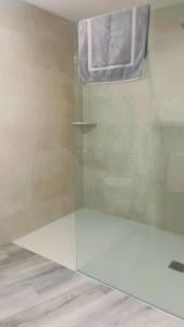 a shower with a glass door with a towel at Apartamentos Antequera in Antequera
